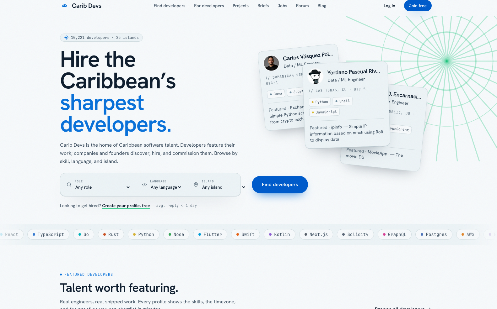 A maker's profile card on CaribDevs, with skills and a hire button