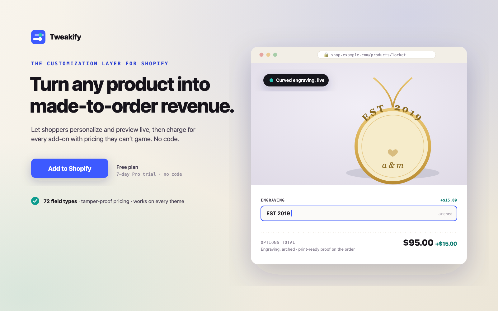 A product page with custom options — engraving text and a colour swatch — added to the order